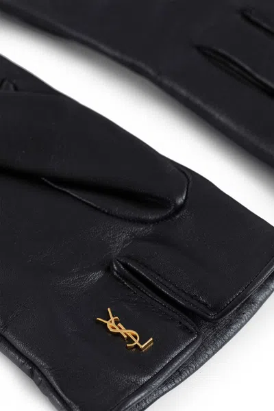 Saint Laurent Logo-plaque Leather Gloves In Black