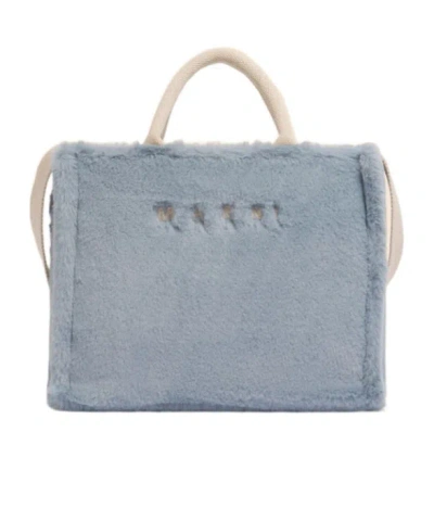 Marni Small Tote Bag With Faux Fur Trim In Blue