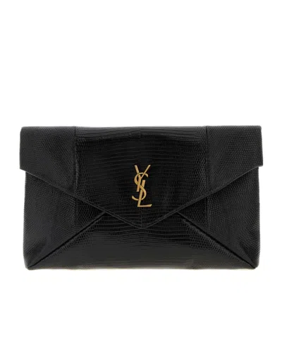 Saint Laurent Large Ysl Envelope Pouch Clutch Bag In Leather In Black