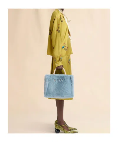 Marni Small Tote Bag With Faux Fur Trim In Blue