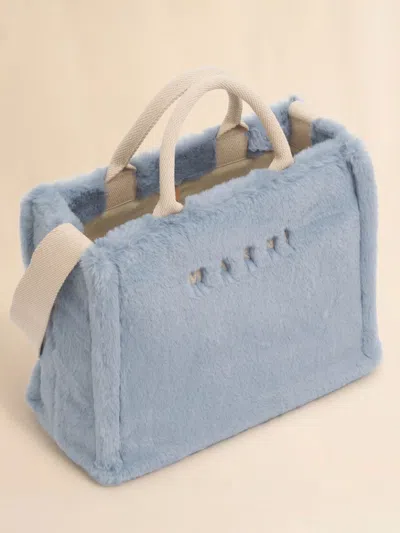 Marni Small Tote Bag With Faux Fur Trim In Blue