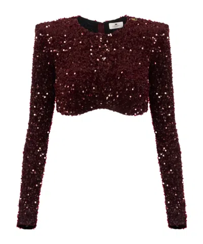 Elisabetta Franchi Cropped Long-sleeved Top With Scalloped Hem In Burgundy