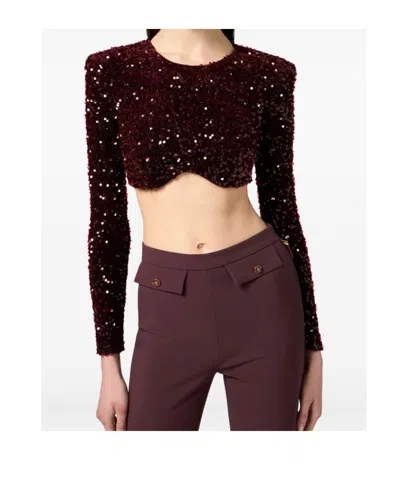 Elisabetta Franchi Cropped Long-sleeved Top With Scalloped Hem In Burgundy