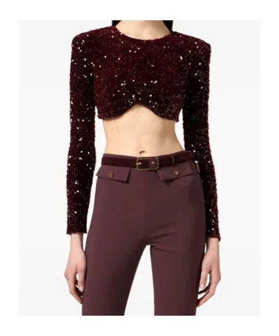 Elisabetta Franchi Cropped Long-sleeved Top With Scalloped Hem In Burgundy