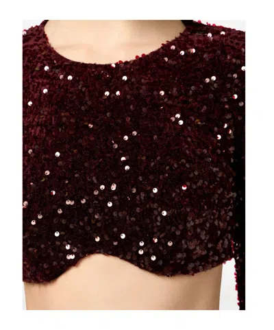 Elisabetta Franchi Cropped Long-sleeved Top With Scalloped Hem In Burgundy