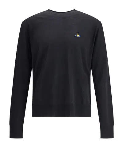 Vivienne Westwood Black Crew Necksweater With Orb Logo Embroidered On The Front In Wool Blend Man In Black