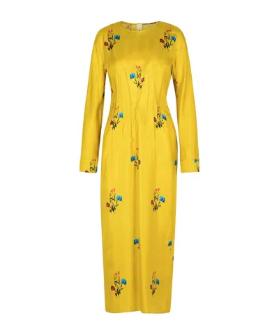 Marni Floral Embroidered Long Sleeve Dress In Yellow