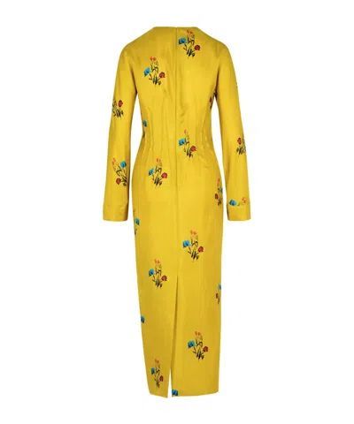 Marni Floral Embroidered Long Sleeve Dress In Yellow