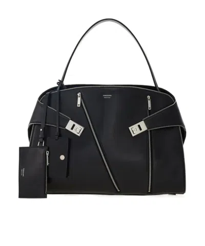 Ferragamo Hug Soft Shoulder Bag Multi-zip (m) In Black