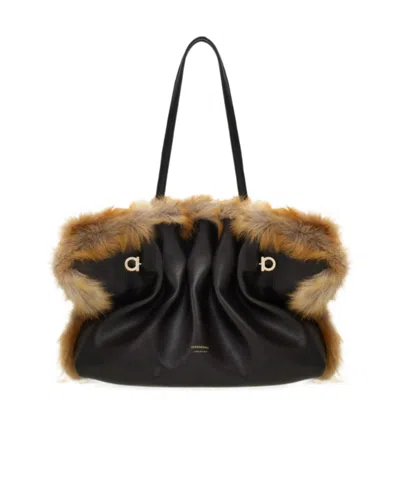 Ferragamo Medium Soft Calfskin-trimmed Shoulder Bag In Black