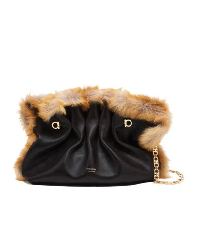 Ferragamo Medium Soft Calfskin-trimmed Shoulder Bag In Black