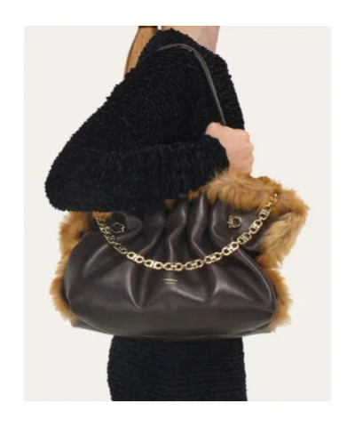 Ferragamo Medium Soft Calfskin-trimmed Shoulder Bag In Black