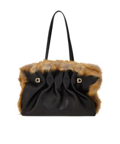 Ferragamo Medium Soft Calfskin-trimmed Shoulder Bag In Black