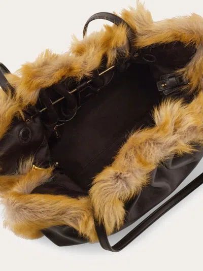 Ferragamo Medium Soft Calfskin-trimmed Shoulder Bag In Black