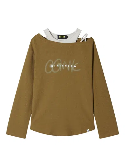 Mini Cream Waffle-knit Off-shoulder Top In Multi