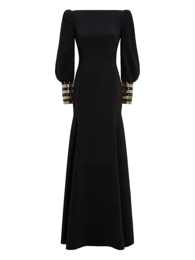 Jenny Packham Francolin Embellished-cuffs Puff-sleeve Maxi Dress In Black