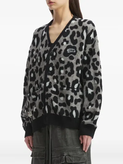Fingercroxx Leopard-print Button Cardigan In Gray