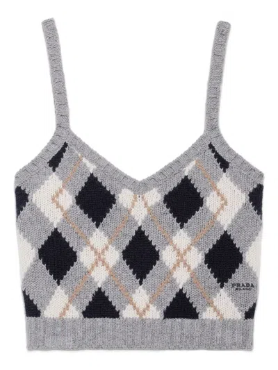 Prada Argyle-pattern Ribbed Top In Black