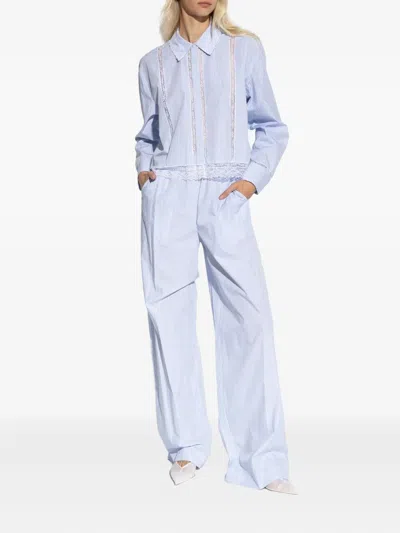 Loveshackfancy Striped-pattern Lace-trimmed Trousers In Blue