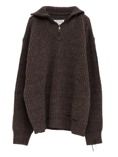 Maison Margiela Zip Neck Wool Knit Long Sleeve Sweater In Gray