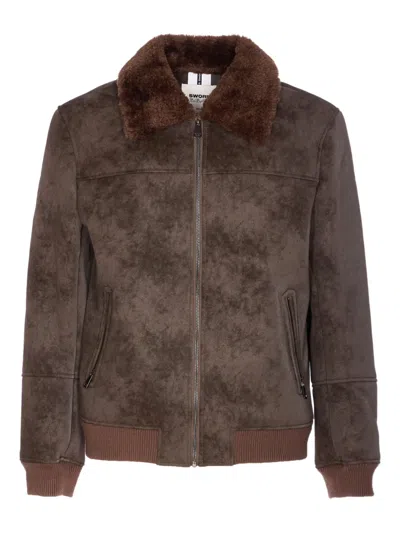 Sword 6.6.44 Sword Sword Eco-leather Biker Jacket With Shearling Collar In Brown