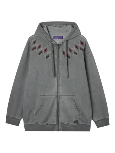 Aftermaths Embroidered Diamond-pattern Zip-up Hoodie In Gray