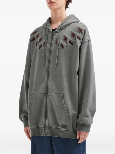 Aftermaths Embroidered Diamond-pattern Zip-up Hoodie In Gray