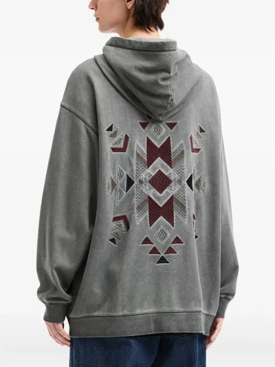 Aftermaths Embroidered Diamond-pattern Zip-up Hoodie In Gray