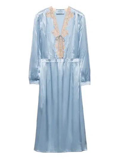 Prada Long-sleeved Satin Crepe And Lace Dress In Blue