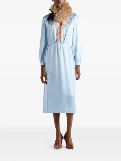 Prada Long-sleeved Satin Crepe And Lace Dress In Blue
