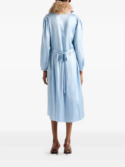 Prada Long-sleeved Satin Crepe And Lace Dress In Blue