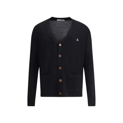 Vivienne Westwood Black V Neck Cardigan With Orb Embroidery In Cotton And Cashmere In Black