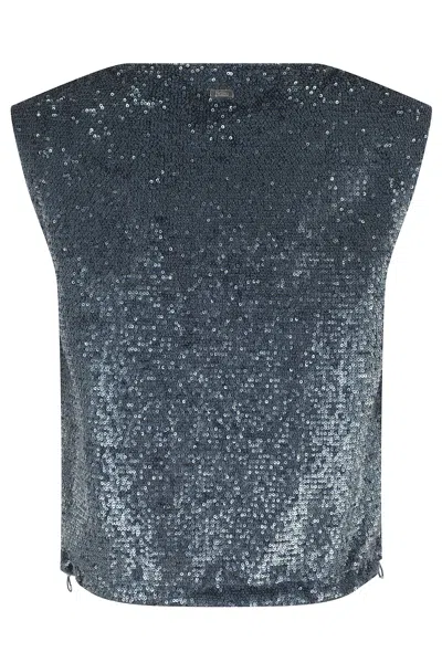 Herno Sleeveless Top With All-over Sequin Fabric In Blue
