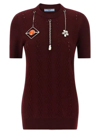 Prada Openwork Motif Wool Sweater With Pendants In Burgundy