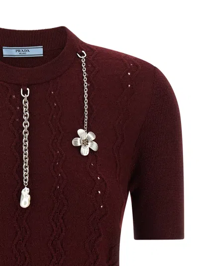 Prada Openwork Motif Wool Sweater With Pendants In Burgundy