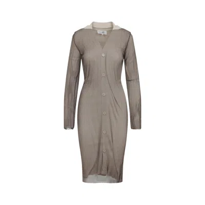 Mm6 Maison Margiela Ribbed Knit Midi Dress With Button-down Front And Contrasting Collar In Brown