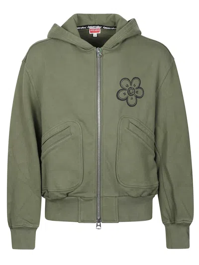 Kenzo Zip-up Hoodie With Front Pockets And Graphic Print In Green