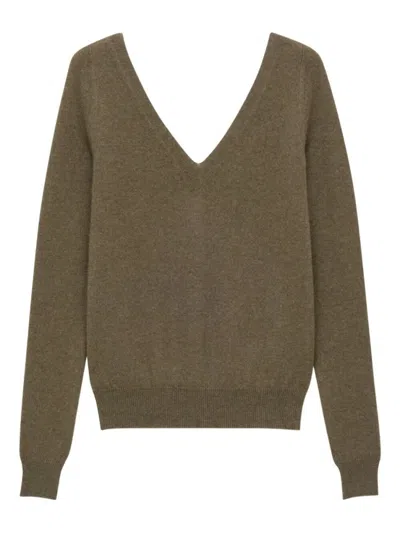Saint Laurent Luxurious Cashmere V-neck Sweater With Ribbed Trims In Brown