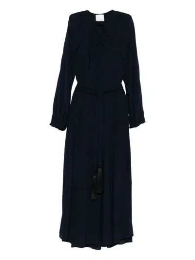 Forte Forte Long Dress With A-line Skirt And Tie Neck In Blue