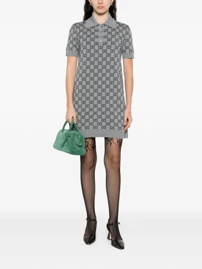 Gucci Gg Wool Dress With Ribbed Profiles In Gray