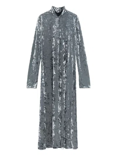 Forte Forte A-line Velvet Midi Dress With Long Sleeves In Gray