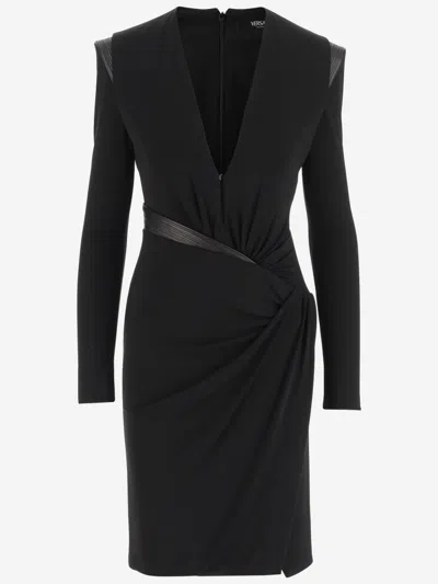 Versace Draped Long Sleeve Dress With Shoulder Pads In Black