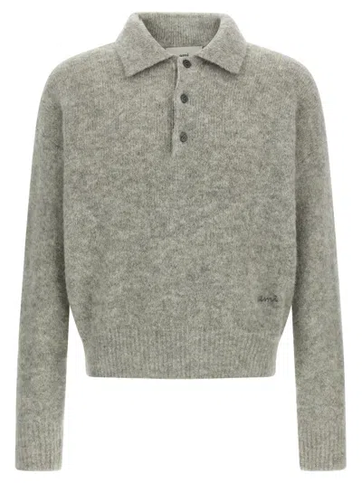 Ami Alexandre Mattiussi Light Grey Knit Sweater With Polo Collar And Three-button Placket In Gray