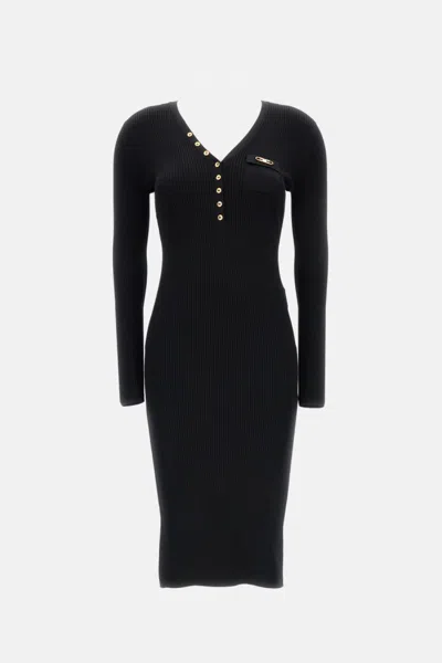 Elisabetta Franchi Black V-neck Dress With Logo Plaque On The Front In Fabric Woman In Black