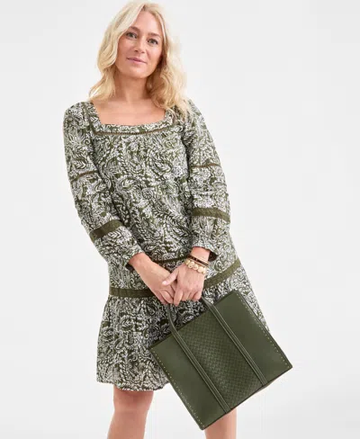 Style & Co Women's Cotton Printed Crochet-trim Shift Dress, Macy's Exclusive In Green