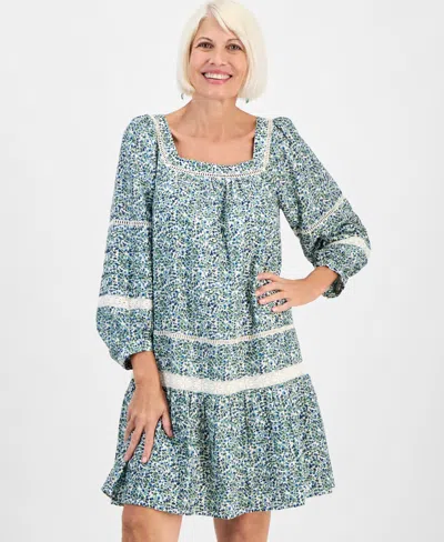 Style & Co Petite Floral Vines Romantic Lace Dress, Macy's Exclusive In Blue