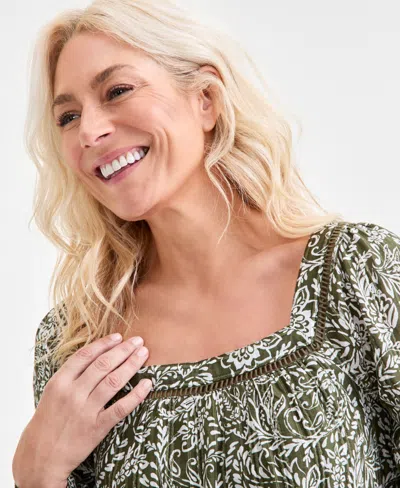Style & Co Women's Cotton Printed Crochet-trim Shift Dress, Macy's Exclusive In Green