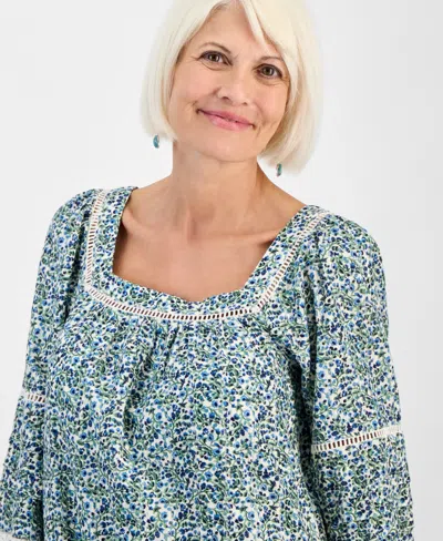 Style & Co Petite Floral Vines Romantic Lace Dress, Macy's Exclusive In Blue