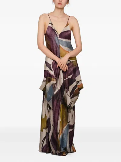 抽象印花荷叶边超长连衣裙