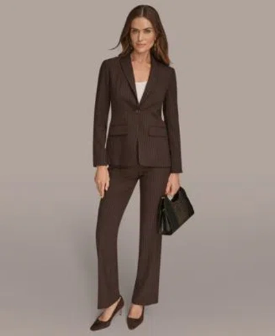 Donna Karan Womens Pinstripe One Button Blazer Mid Rise Straight Fit Pinstripe Pant In Brown